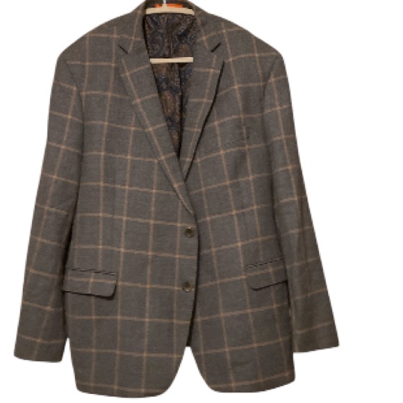 Tallia 100% Wool Gray Plaid Blazer with Faux-Suede Elbow Patches